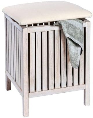 WENKO Tabouret Panier à Linge en Bois Norway | Noyer Finition Blanche | Coffre à Linge | Style scandinave | 2en1, Pouf et panière | 65L | Assise 120kg | 39 x 52 x 39 cm | Bois
