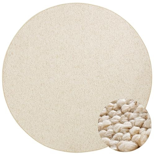 BT Carpet Wolly Teppich Rund – Wohnzimmerteppich Flachgewebe Kurzflor Woll-Optik Wolle Skandi-Look Esszimmer, Wohnzimmer, Kinderzimmer, Schlafzimmer – Creme, 133cm