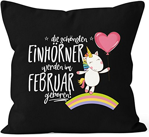 MoonWorks Kissenbezug die schönsten Einhörner Werden im Februar geboren 40x40 Baumwolle Geschenk Geburtstag Unicorn Schwarz 40cm x 40cm