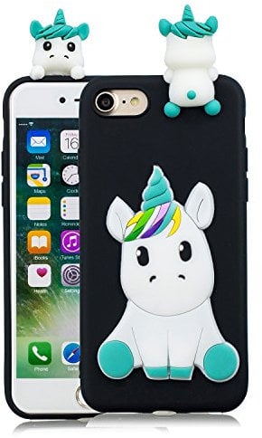 HopMore Compatible with iPhone SE 2020 / iPhone 8 / iPhone 7 Case Cover Cute 3D Design Silicone Soft Gel Shockproof Protective Cover Thin Rubber Bumper Funny Shell for Girls Woman - Black Unicorn