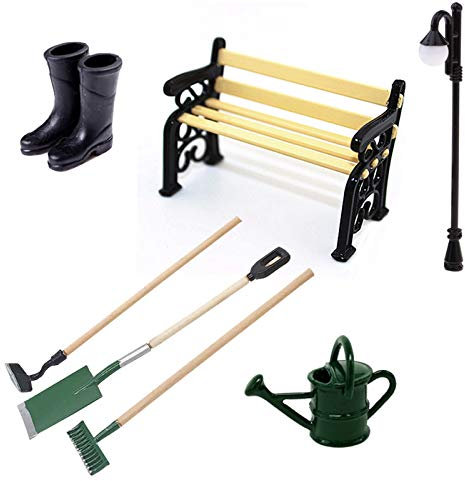witgift Miniatur Puppenhaus Set Gartengeräte + Gummistiefel +Gießkanne +Parkbank+Straßenlampe Mini Ornament Garten Möbel Deko