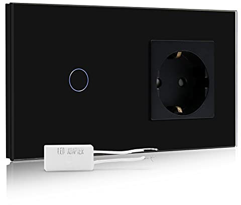 BSEED Dimmer Schalter mit Steckdose mit LED Anzeige 1 Fach 2 Weg Berühren Sie Das Sensorfeld Touchscreen Wandsteckdosen Led Dimmer Touch Lichtschalter Schwarz