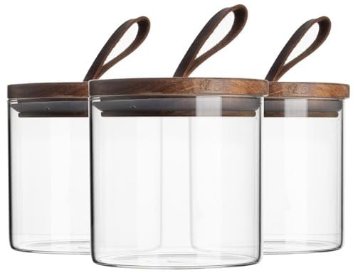 Argon Tableware Scandi Storage Jars with Leather Loop Lids - 550ml - 3 Pack - Modern Round Organisation Container Glass Jar for Kitchens, Pantry, Bathrooms, Utility Rooms