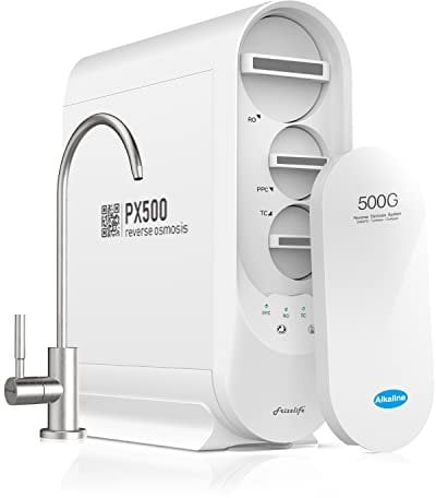 Frizzlife PX500-A Umkehrosmoseanlage,Wasserfiltersystem–alkalisch&Remineralisierung, kein wassertank,500 GPD schneller Fluss RO-Filter, Ablaufverhältnis 1,5:1,reduziertes TDS, gebürsteter Nickelhahn