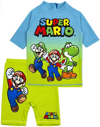 Super Mario Swimsuit for Boys | Blue Green Two Piece Top & Shorts Bathing Suit | Kids Gamer UV50+ Sun Safe Swimming Costume