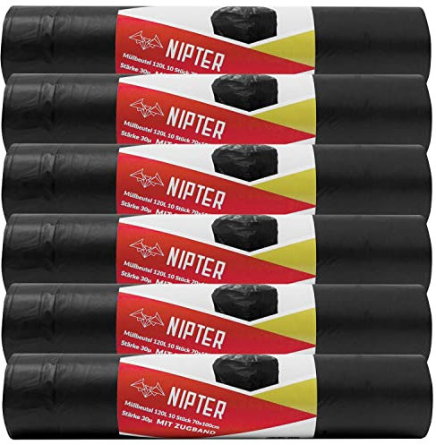 Nipter Öko Müllbeutel 120l extra stark, mit Zugband, Müllsack Premium, 30 my, 70x100 cm, schwarz, 10 Müllsäcke pro Rolle, 6 Rollen