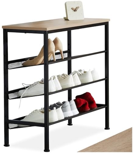 tectake® Schuhregal schmal mit Ablagefläche, Schuhbank 4 Ebenen, 3 Gitterablagen, Schuhregal platzsparend 75,5 x 30,5 x 69,5 cm, Flur Regal, Schuhschrank, Garderob (Industrial Holz hell, Eiche Sonoma)