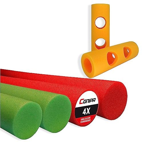 Conipa® - 4 Stück Schwimmnudel (160 x 7 cm) Kinder & Erwachsene INKL. 6 x Loch-VERBINDER (Schaumstoff) - Poolnudel Set ab 3-10 Jahre (Made IN Europe) - Pool Wassernudel (2 x Rot + 2 x Grün)