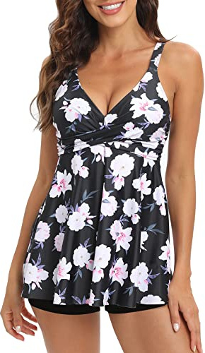 Adigaber Maillot De Bain Deux Pièce Tankini Imprimé Rembourré Maillot avec Short de Garçon Maillots de Bain à Jupette Elégante Taille Haute Beachwear,Pivoine,M