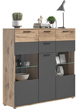 xonox.home X12B8T05 Mason Highboard, Vitrine, Kommode, Grau Holzwerkstoff Glas 140 x 134 x 37