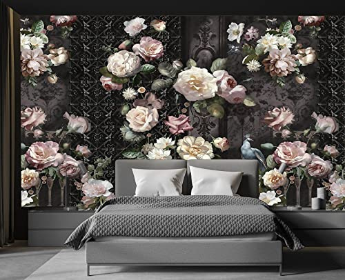 Cliouar-Black Fence Bird Peacock Pink Yellow White Rose 3D Mural Wallpaper Bedroom Living Room Decor 158 x 110(Not Self-Adhesive)