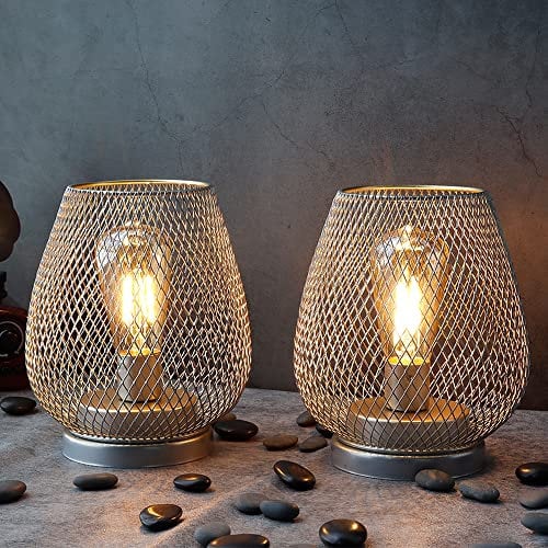 JHY DESIGN Set of 2 Metal Cage Bedside Lamps Battery Powered, Vintage Cordless Table Lamp LED Light for Living Room Bedroom Home Weddings Balcony Party Lounge Indoor Hallway Garden(Silver-Gold)