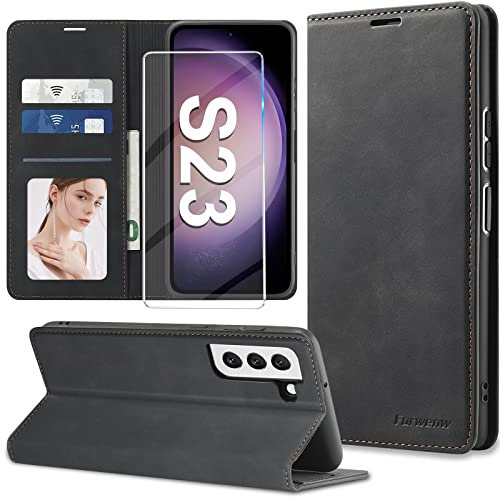 【2023 NEW】Samsung Galaxy S23 5G Leder Hülle mit 3 Kartenfächer - Klappbare Wallet Case mit Schutzfolie, Stoßfest