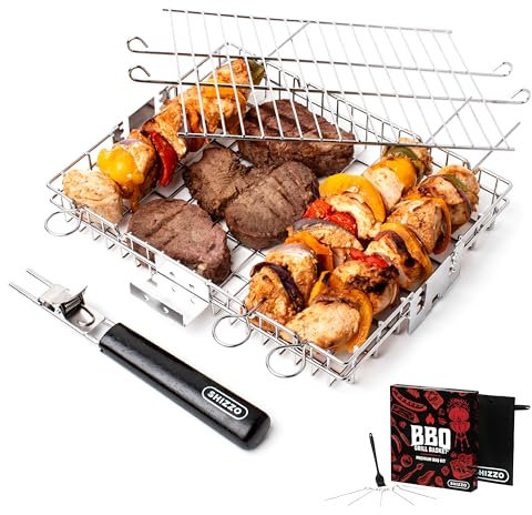 SHIZZO Cesta de parrilla ajustable, parrilla de barbacoa, parrilla de barbacoa, estante plegable portátil de acero inoxidable para camping, para peces, camarones, verduras, accesorios de cocina,