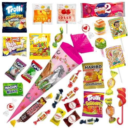 OYOY Schultüte gefüllt mit Süßigkeiten Mix I Schultüte Pferdeglück I Schultüte 35 cm I kleine Schultüte fertig gefüllt I Geschwister Schultüte I Zuckertüte klein I Einschulung Geschenk
