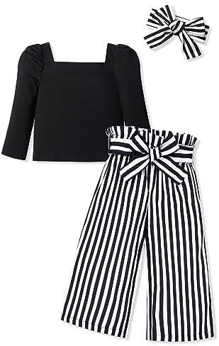 Xumplo Girls Clothes Toddler Outfits Kids Clothing Set Puffy Long Sleeve Top Square Neck T-shirt Two Pieces Striped Wide Leg Pants Sets with headband Black 7-8 Years