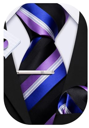 Barry.Wang Cravatta da uomo in seta a righe scozzesi da tasca quadrata gemelli fermacravatta 4 pezzi set classico cravatta da matrimonio, Righe Blu Viola, Taglia unica