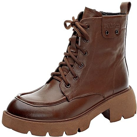 rismart Mujer Cordones Botas de Tobillo con Zip Talón Grueso Punta Redonda Cuero Botas de Combate Marrón, 37 EU
