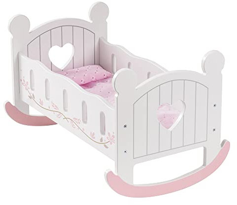 ROBUD Culla per bambole in legno, letto per bambole, colore: bianco, letto per bambole, biancheria da letto inclusa
