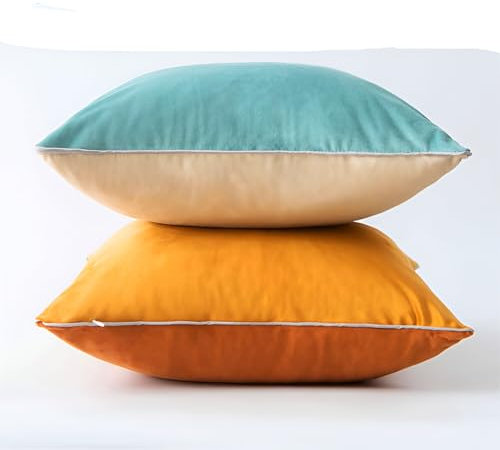 2er Set Kissen mit Füllung (40x40cm creme-orange) Modell Luca Samt zweiseitig, als Sofakissen, Couchkissen Dekokissen Zierkissen, Premium Füllkissen inklusive, weich & angenehm, Doppelpack
