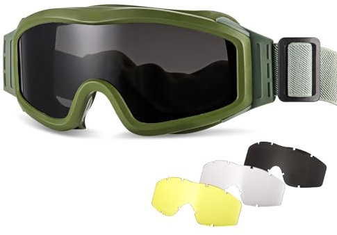 Wowlela Airsoft Taktische Brillen,Taktische Airsoft Paintball Gläser Antibeschlag Schutzbrille mit 3 Wechselobjektiven, UV-Schutz-Schießbrille für Snowboard Ski Jagd Schießen Fahrrad Sport CS