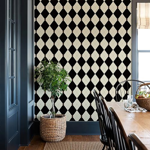 Simon&Siff Retro Peel and Stick Wallpaper Black and White Cream Wallpaper Vintage Plaid British Geometric Wall Paper for Bathroom Kitchen Cabinet Contact Paper 17.3x236