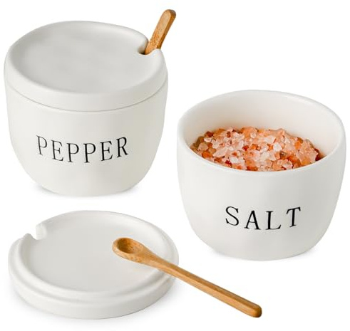 Howise 2 Pack Salt and Pepper Bowls Set, Ceramic Salt and Pepper Containers with Lid and Spoon, White Salt Pepper Holder Shakers Set, Salt Cellar Box Dish with Lid