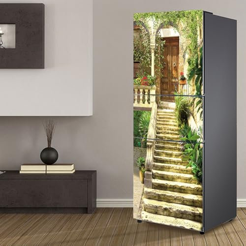 Fridge Wraps Kitchen Fridge Stickers Cover Full Doors, Fridge Sticker Full Covering Door Fridge Covers Skins Wall Stickers for Kitchen Decal, Retro Step in French Courtyard