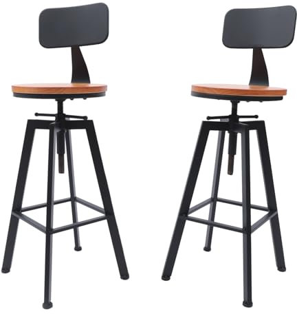 Konfiur Barhocker, 2X Retro Barstuhl, 64-84cm Höhenverstellbar Stuhl Holz hocker, Hebbarer Barhocker mit Rückenlehne Metall Pedal, Industrieller Thekenhocker für Bars Cafés Küche, Schwarz
