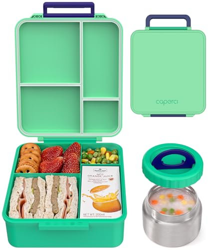 Caperci Bento-Lunchbox für Kinder mit isolierter Thermoskanne – auslaufsicher, hält heiße Lunchbox-Behälter für Kinder, 4 Fächer, tragbarer Griff, zwei Temperaturzonen (Grün)