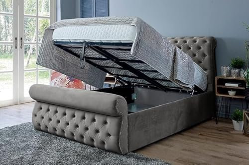 Furnishion Double Sleigh Bed with Storage - Steel - Dark Grey Plush Velvet Ottoman Style- Mattress not Included - Upholstered Sleigh Beds (Grey plush, Super King 6ft Storage Bed + Mattress)