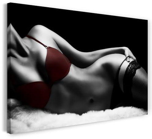 Printistico Leinwandbild (100x70cm) Liegende Frau, rote Dessous - schwarz weiß Fotografie, echter Holz-Keilrahmen inkl. Aufhänger, handgefertigt in Deutschland