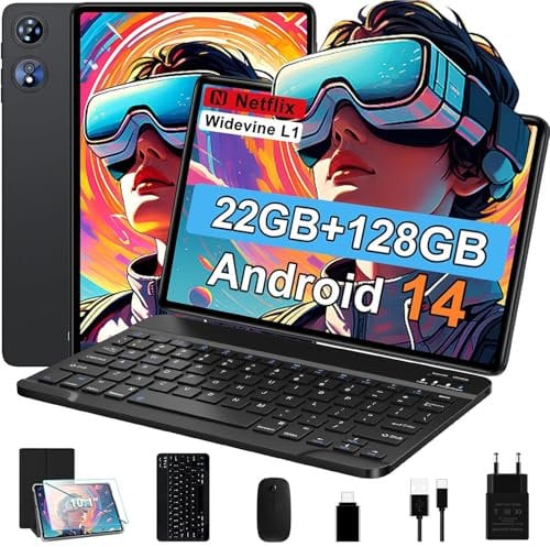 Android 14 Tablet 10 Pollici con 22GB RAM + 128GB ROM (TF/1TB), Octa-Core 2.0 GHz, Widevine L1, 5G WiFi, Bluetooth 5.0, 1280 * 800pixels, 8000mAh, GMS, 2025 Newest Tablet con Tastiera e Mouse - Nero