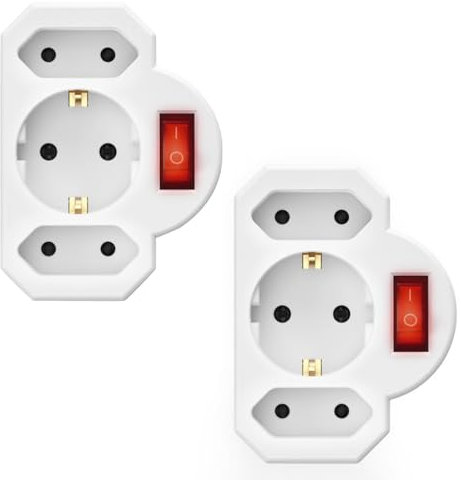 Powice 2 x Mehrfachsteckdose, Mehrfachstecker mit Schalter, 2 Euro +1 Schuko für Steckdose 3500W, Mehrfachsteckdose Ohne Kabel, Weiß