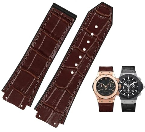 BAHDB Neues echtes Rindsleder-Gummi-Braun-Schwarz-Uhrenarmband 26 * 19 mm für Hublot-Armband BIG BANG-Uhrenarmband mit rostfreier Schnalle(Brown no buckle)