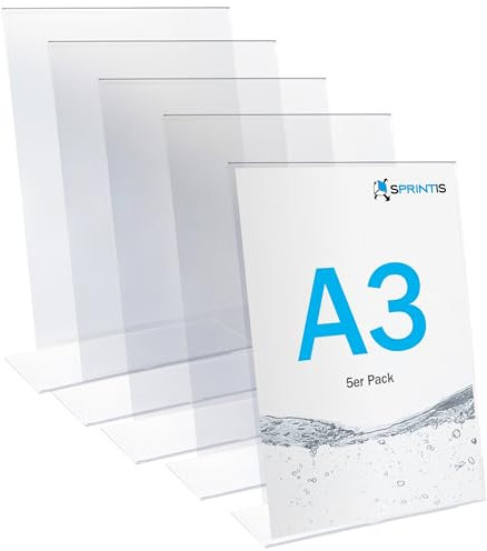 SPRINTIS Tischaufsteller A3 hoch (5 Stück) - für Inhalt 29,7 x 42 cm, L-Aufsteller aus glasklarem Kunststoff für Hochzeit & Restaurant, Werbeaufsteller Din A3 schräg, Menükartenhalter Hochformat