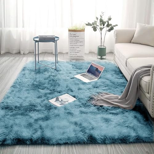 Gugxiom Shaggy Teppich, 150 x 210 cm Soft Fluffy Rug, Non-Slip Living Room Carpet, Washable High Pile Modern Decorative Rug for Bedroom Children’s Room (Blau)