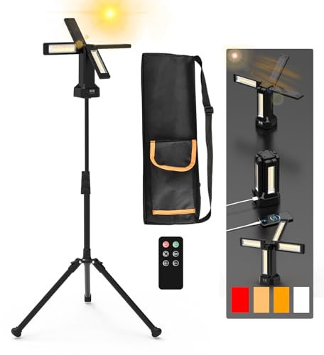 Projecteur LED Chantier Solaire Rechargeable 13200 mAh avec Trépied et Sac de Transport, Lampe de Chantier à Intensité Variable en Continu 8000 Lumens, Blanc/Chaud/Naturel (SOS) (avec télécommande)