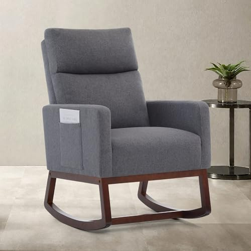 Aunekiv Schaukelstuhl Stillsessel Schaukelsessel, Gepolsterter Stillstuhl mit Holzbeinen & Seitentaschen, Hochlehner Stillen Sessel für Wohnzimmer, Schlafzimmer, Babyzimmer