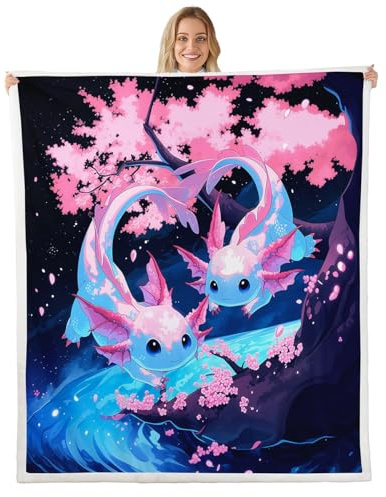Loussiesd Kinder Niedlich Axolotl Decke 150x200cm Jungen Mädchen Kirschblüten Couchdecke Cartoon Salamander Reptilien Tier Kuscheldecke Kawaii Meeresorganismus Decke