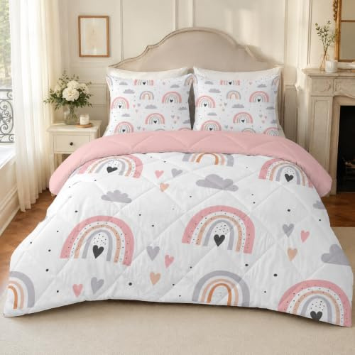 buyluhn Couette Arc-en-Ciel 140x200 4 Saisons, Couette Nuage Imprimée 1 Personne pour Lit 90x190 Enfant Fille Garçon, Edredon Duvet Rose Ete Hiver avec 2 Taies d'oreiller, Lavable en Machine