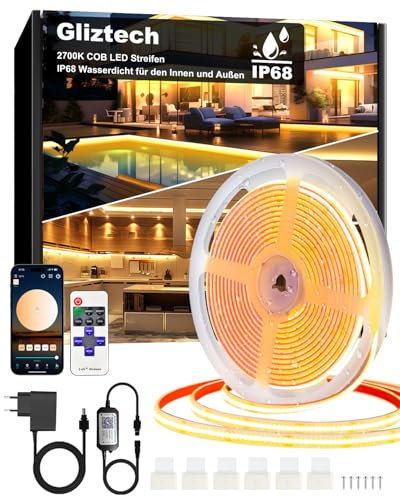 COB LED Streifen 15M IP68 Wasserdicht, 24V 2700K LED Strip Warmweiss, LED Lichtband Selbstklebend Außen mit Netzteil, APP und Fernbedienung für Dachtraufe Garten Pool Terrasse Küche Badezimmer