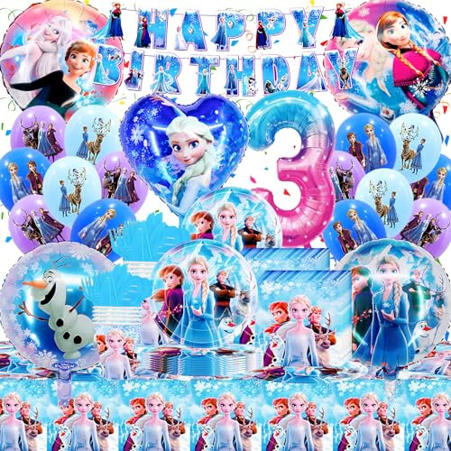 93 Pezzi Els Decorazione Compleanno 3 Anni, Gozuein Decorazione Compleanno Froze per Ragazze, Set di Stoviglie Festa Compleanno Froze con Piatti Asciugamani di Carta Tovaglie Bicchieri di Carta