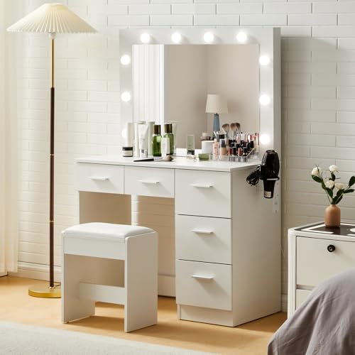 TUKAILAi White Dressing Table Set with Hollywood Mirror LED Lights, 5 Drawers and Cushioned Stool Vanity Table with Charging Station, Makeup Desk Table for Bedroom Girls Women