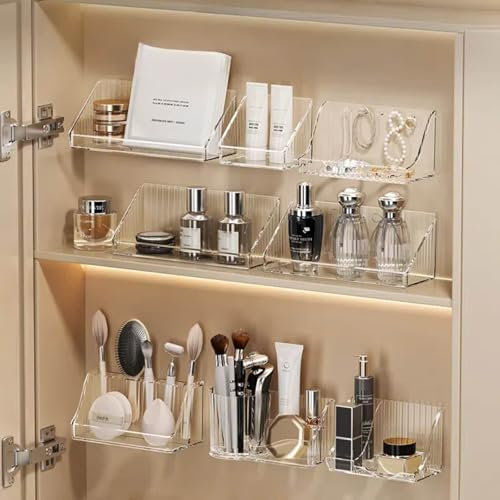 RMAN Lot de 6 Organisateur Salle de Bain Multifonctionnel Rangement Maquillage en Plastique Transparent pour Armoire de Toilette Etagere Murale Sans Percage pour Salle de Bain Coiffeuse Cuisine