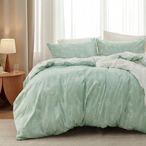 Bedsure Double Duvet Cover Set - Printed Reversible Bedding, Sage Green | Soft Floral Duvet Covers with 2 Pillowcase and Zipper Closure 8 Corner Ties Easy Care For Bedroom Home Hotel 200x200cm