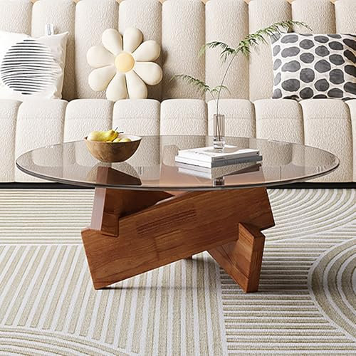Table Basse Moderne Ronde Transparente avec Base en Bois Massif pour Salon, Chambre à Coucher et Salle à Manger