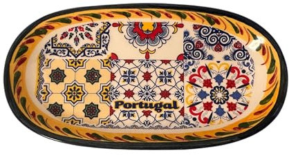 Vassoio portoghese in ceramica dipinta a mano, rotondo, 17,8 x 9,4 cm (giallo rosso crema Azulejoes)