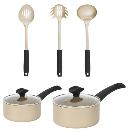 Salter Olympus 5-Piece Kitchen Cookware Set – 16 & 20cm Saucepans & Stainless-Steel Utensils, Spaghetti Spoon, Slotted Spoon & Ladle, Non-Stick, Induction Safe, Hanging Holes, Gold/Black