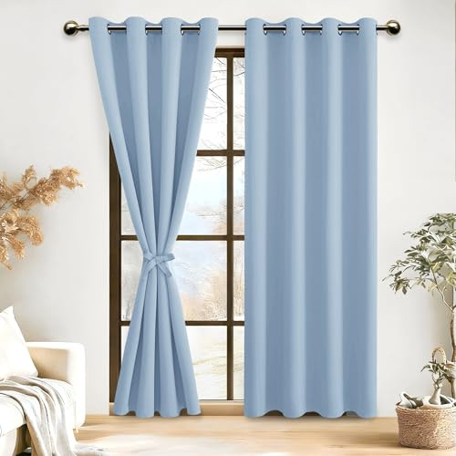 DWCN Verdunklungsvorhänge mit Ösen Blickdicht Vorhänge mit Raffhalter | Hell Blau, H245 x B140 cm, 2 Stücke Thermovorhang Kälteschutz Gardinen Wohnzimmer Schlafzimmer Wärmeisolierend
